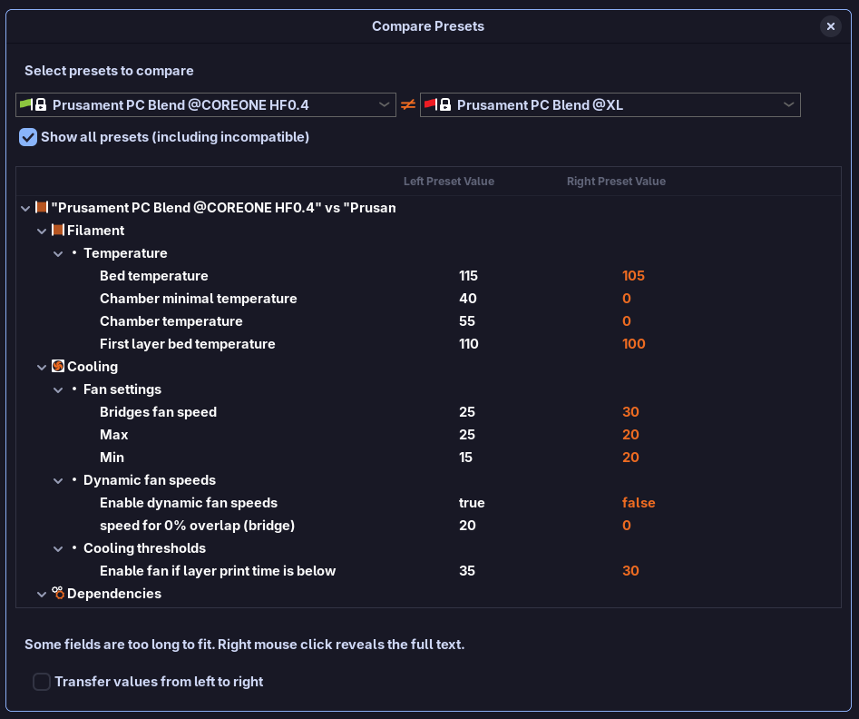 PC — identical bed temperature for Core One and Core One L